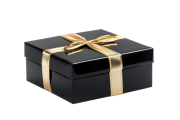 A sleek black gift box adorned with a shiny gold ribbon and bow, ideal for special occasions.