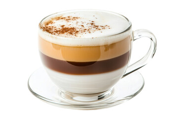 Obraz premium A layered coffee beverage served in a clear cup, featuring distinct colors of espresso, milk, and foam, topped with a sprinkle of cocoa.