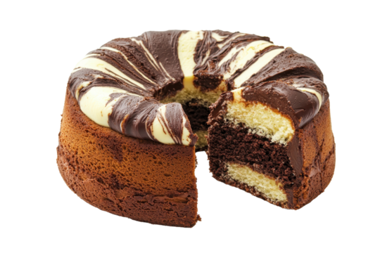A delicious marble cake with a rich chocolate and vanilla swirl, showcasing a moist texture and inviting appearance.