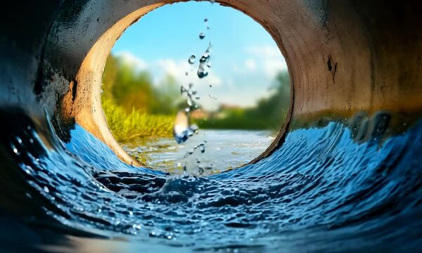 Close-up of the Inside View Through an Open Sewer Pipe, Showcasing Water Flowing Down It and Ripples in Its Surface