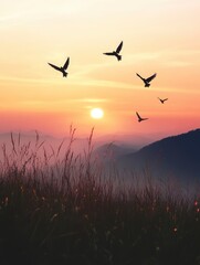 Religious concept: Silhouette cross and birds flying on meadow autumn sunrise. 