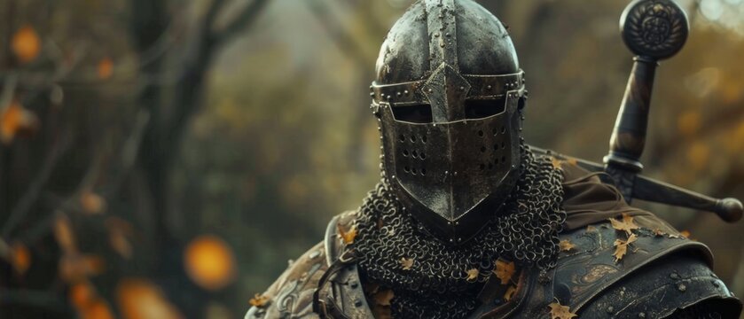 Illustration of a medieval knight in armor on the background of a castle and an army with flags. Suitable for historical books, fantasy novel covers and promotional materials for historical festivals.