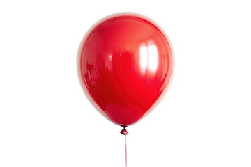 A glossy red balloon with a rounded shape, reflecting light, suspended by a thin string.