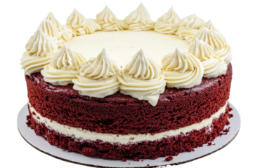 A rich red velvet cake topped with creamy frosting and decorative swirls, showcasing layers of moist texture and indulgent flavor.