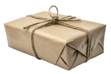 A wrapped gift box tied with twine in a rustic style.