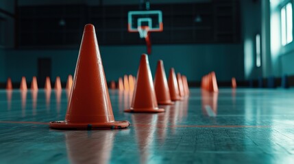 Training cones arranged for basketball drills