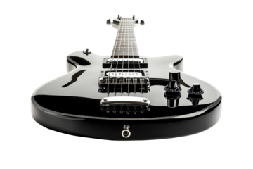 A sleek black electric guitar featuring a distinct body shape, six strings, and control knobs, showcasing its polished finish and craftsmanship.