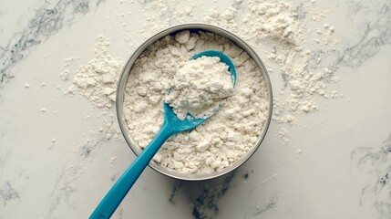 Close-up of powdered baby formula with a blue measuring spoon on a clean light surface. Nutritional supplement for infant feeding and care. Essential baby product in a kitchen setting