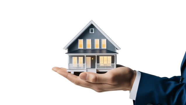 person holding miniature house in their hand, symbolizing real estate investment and home ownership. house features blue exterior and illuminated windows, conveying warmth and comfort