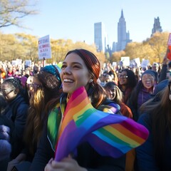 Joyful Woman at Pride Rally: Rainbow Flag, City Skyline