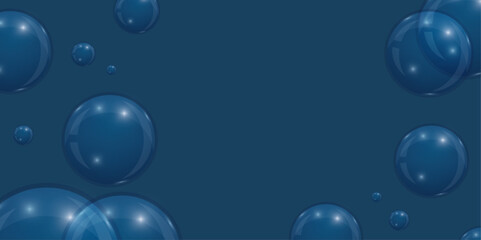 Navy Blue Water Bubbles Abstract Background. Dark blue background with transparent floating water bubbles featuring realistic light reflections and watermark overlay