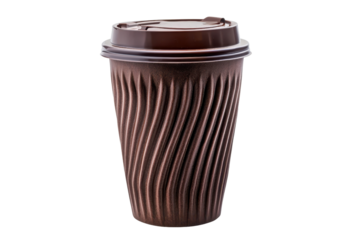 A brown, ridged coffee cup with a lid, designed for hot beverages, showcasing an elegant wave pattern.