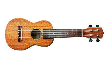 Fototapeta premium A wooden ukulele featuring a rounded body, four strings, and a smooth finish, ideal for music enthusiasts and beginners alike.