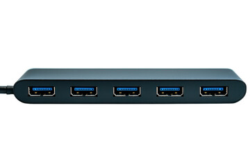 A sleek USB hub with five ports for connecting multiple devices simultaneously.