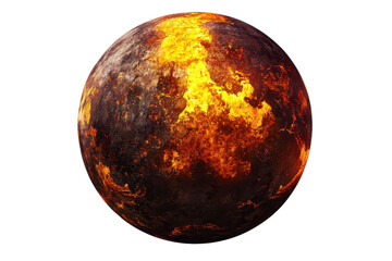 A fiery, molten planet with vivid orange and black textures, displaying intense heat and a rugged surface.