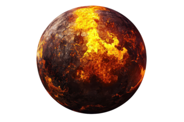 A fiery, molten planet with vivid orange and black textures, displaying intense heat and a rugged surface.