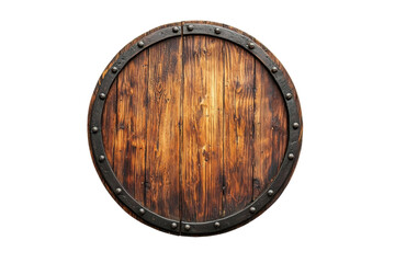 A round wooden shield with a textured surface and metal accents, showcasing a rustic appearance.
