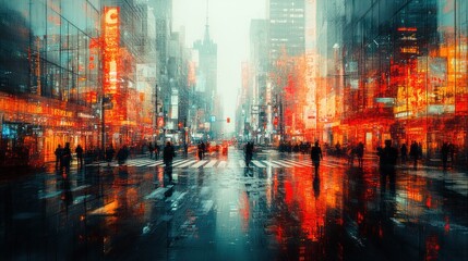 Obraz premium Abstract city street, rain, vibrant lights, silhouettes.