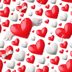 3D illustration of seamless background with inflatable shapes of red and white hearts.