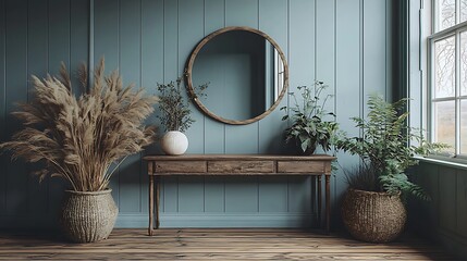 Rustic Interior Design  Console Table  Plants  Mirror