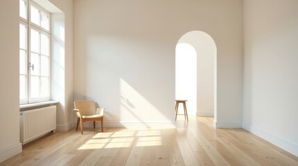 Sunlit Minimalist Room Interior Design with Arched Entryway and Light Wood Floors