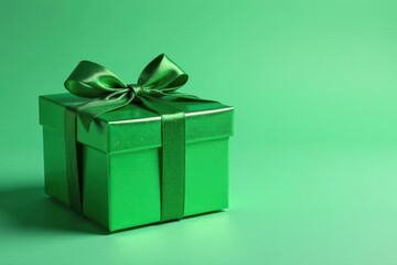 Close-up of glittery green gift box with satin bow tied neatly in front, celebratory gift, party favor