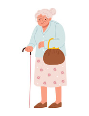 Old grandmother with a stick and a vintage handbag.