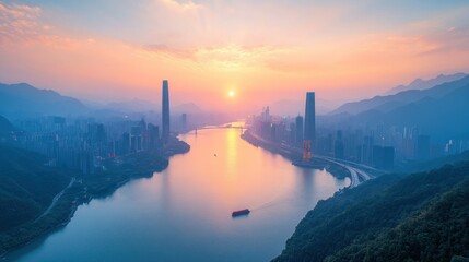 Fototapeta premium Sunset over a river with city skyline and mountains.