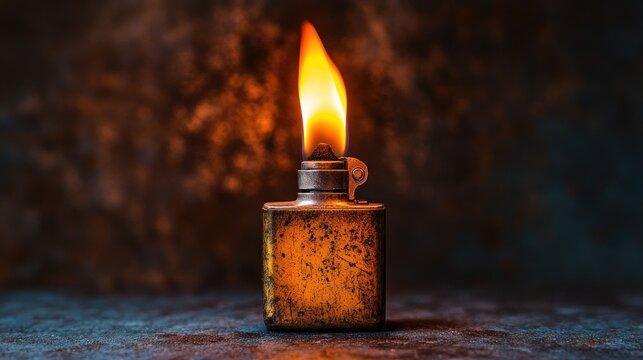 Vintage lighter with flame lit against dark background. - Powered by Adobe
