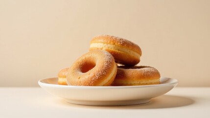 A delectable arrangement of freshly baked, sugar-dusted donuts rests on a pristine white plate, inviting a delightful sweet treat.