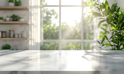 white polished marble table surface in a modern kitchen for displaying products with copy space for product photography or branding softly blurred background