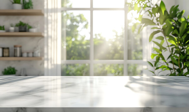 white polished marble table surface in a modern kitchen for displaying products with copy space for product photography or branding softly blurred background