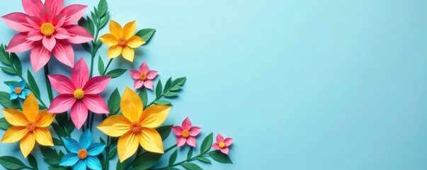 Obraz premium Colourful handmade paper flowers on light blue background with copyspace in the center, decorative elements, flowers