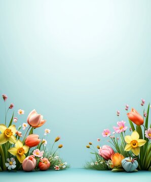 Fototapeta Vibrant spring flowers in soft pastel colors blooming on a light turquoise background.