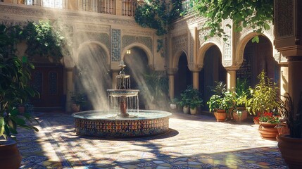 Obraz premium Sunlit Moroccan courtyard with fountain and arches.