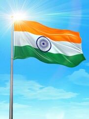 India national flag waving in sunny sky. India national flag for independence day. 