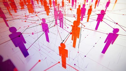A series of bright colored figures in red, purple, and orange, linked by thin black lines, forming a complex digital network on a white background