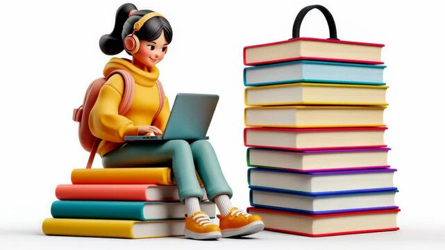 3d icon illustration of a happy student woman with a laptop and headphones, seated on a pile of books, against a transparent backdrop