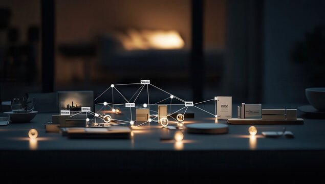 A series of connected items on a table, each representing a part of an advertising campaign