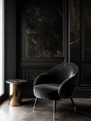 Black Velvet Chair in a Dark Gold Decorated Room