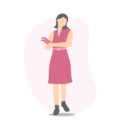 A working woman with short hair is wearing a pink dress and holding a book.