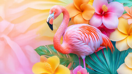 Vibrant Pink Flamingo Among Tropical Flowers