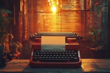 Old red typewriter on a desk, sunlight streaming through blinds in nostalgic atmosphere.