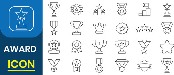 Achievement Award, trophy icon. First place winner, number 1 medal, star benefit, trophy cup, medal, champion, ranking, sport trophy vector illustration.