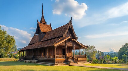 Fototapeta premium Traditional wooden temple in Thailand, with a tiered roof and intricate details, situated on a grassy lawn, under a partly cloudy sky.