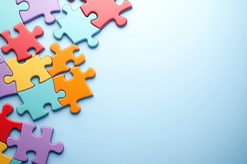 Obraz premium A set of colorful puzzle pieces fitting together, symbolizing teamwork and unity, on a light blue gradient background, leaving space for a message