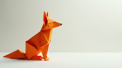 A vibrant orange origami fox sits on a pristine white surface, showcasing intricate folds and a captivating design.
