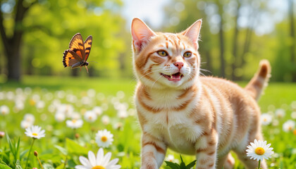 Fototapeta premium Playful cat chasing butterfly in a flower-filled meadow