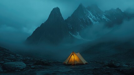 A radiant tent placed amid rugged, jagged peaks under mysterious, dark cloud-covered skies.