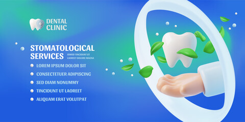 Dental clinic banner 3D vector design, stomatological services, white tooth with healing herbs, shield and dentist hand